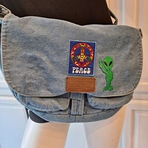 Denim Laptop Messenger Tote Crossbody Bag with Peace Alien Patch